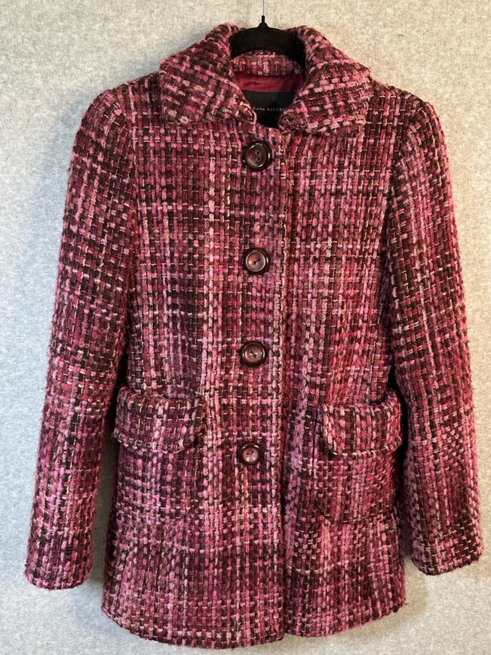 Banana Republic Tweed Pea Coat Size Extra Small Pink Bouclé Wool Mohair